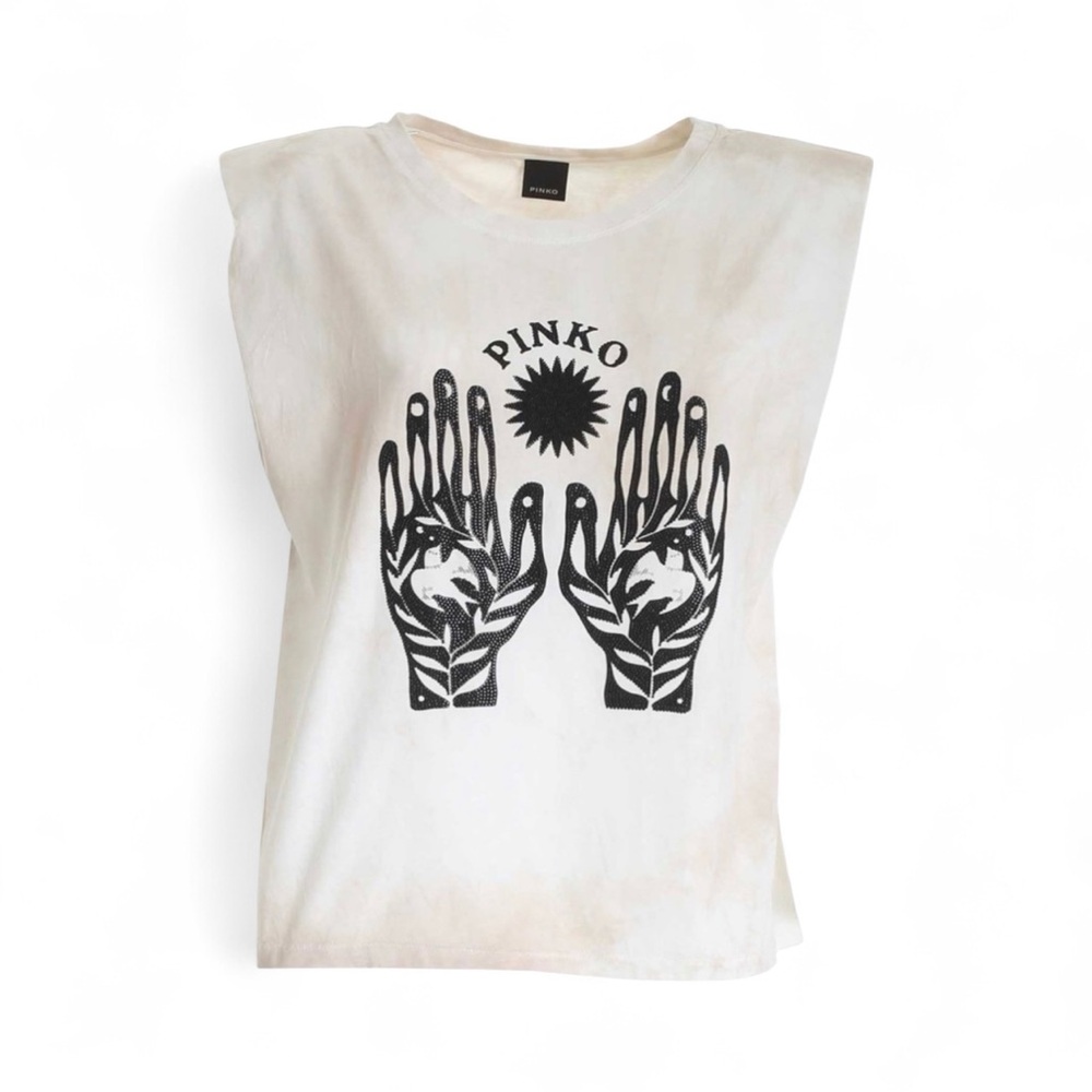 PINKO E Poi Sleeveless T-shirt in beige and ivory